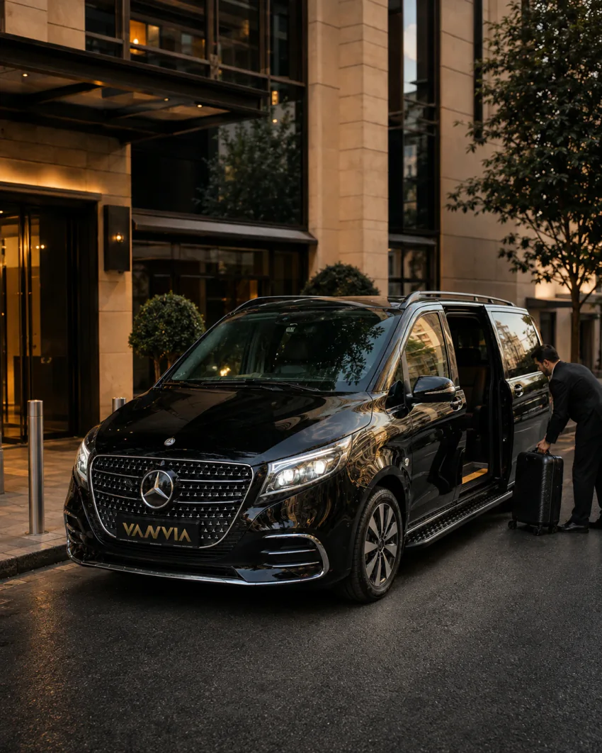 Mercedes-Benz Vito VIP bei der Gepäckübergabe am Eingang eines Hotels oder Bürogebäudes in Beşiktaş