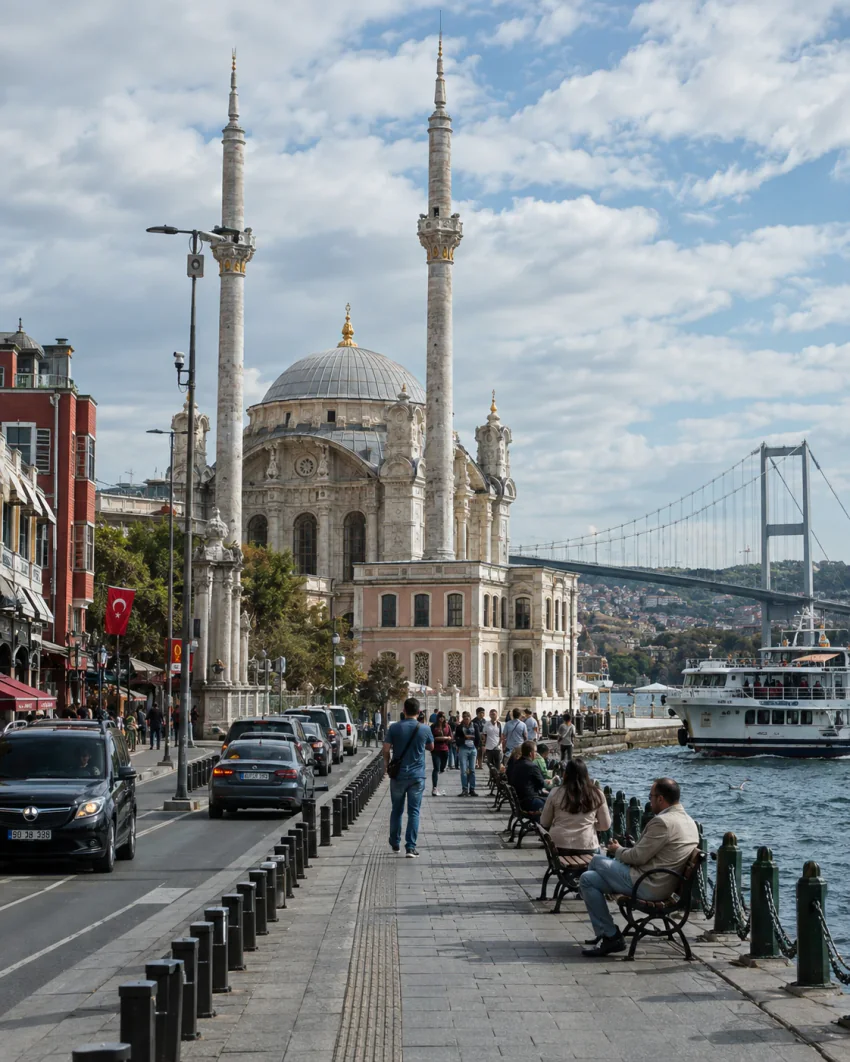 Besucher entlang der Promenade mit Blick auf die Ortaköy-Moschee und die Bosporus-Brücke