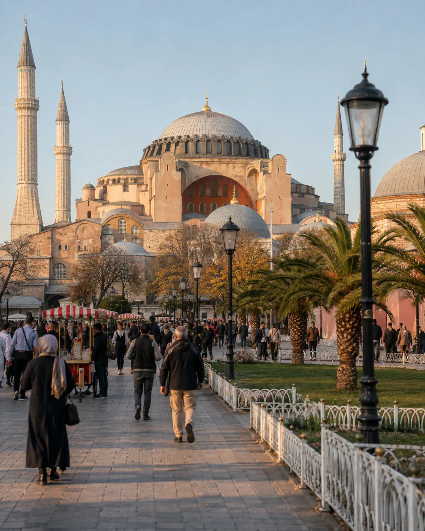 Besucher auf einer von Palmen gesäumten Promenade in Richtung Hagia Sophia