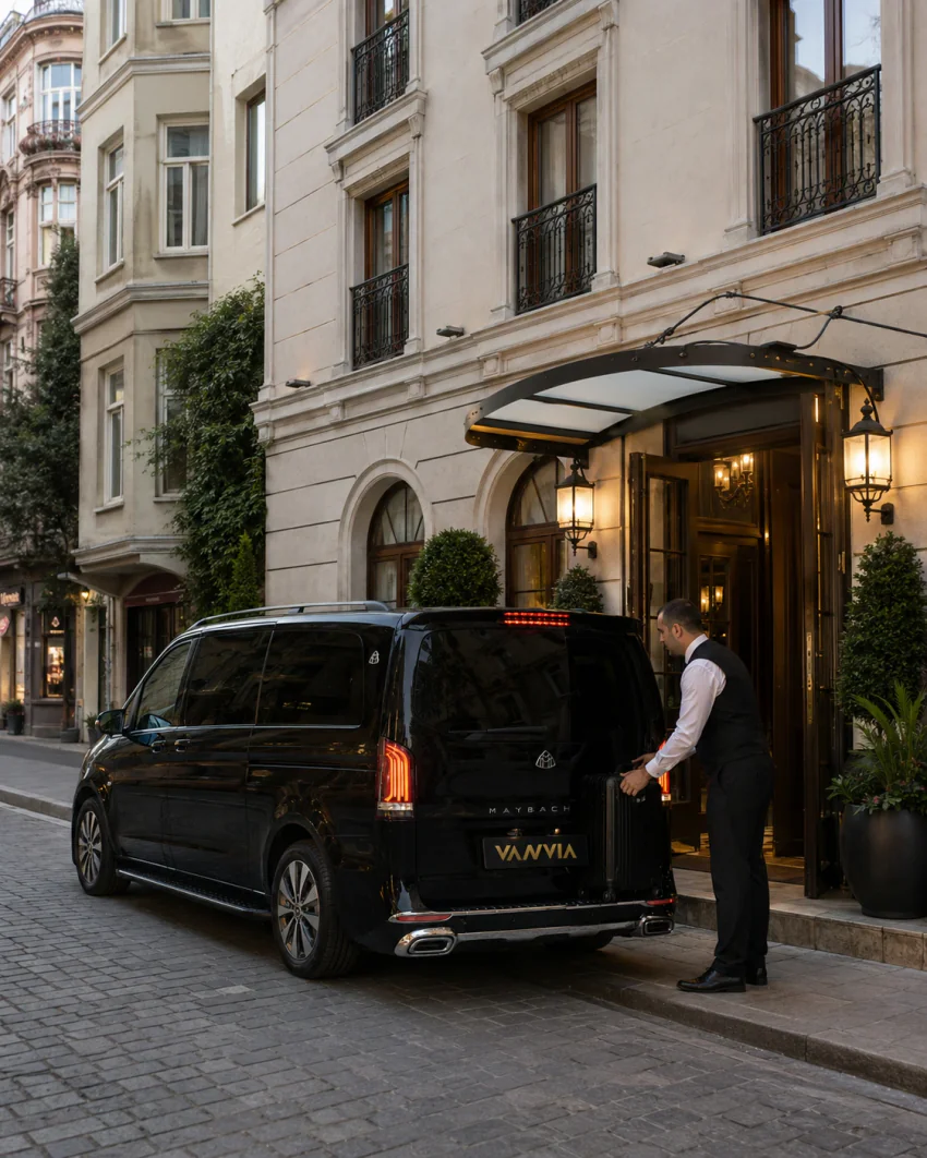 Mercedes-Benz Vito VIP am Eingang eines steinernen Boutique-Hotels in Sultanahmet, während das Personal einen Koffer trägt