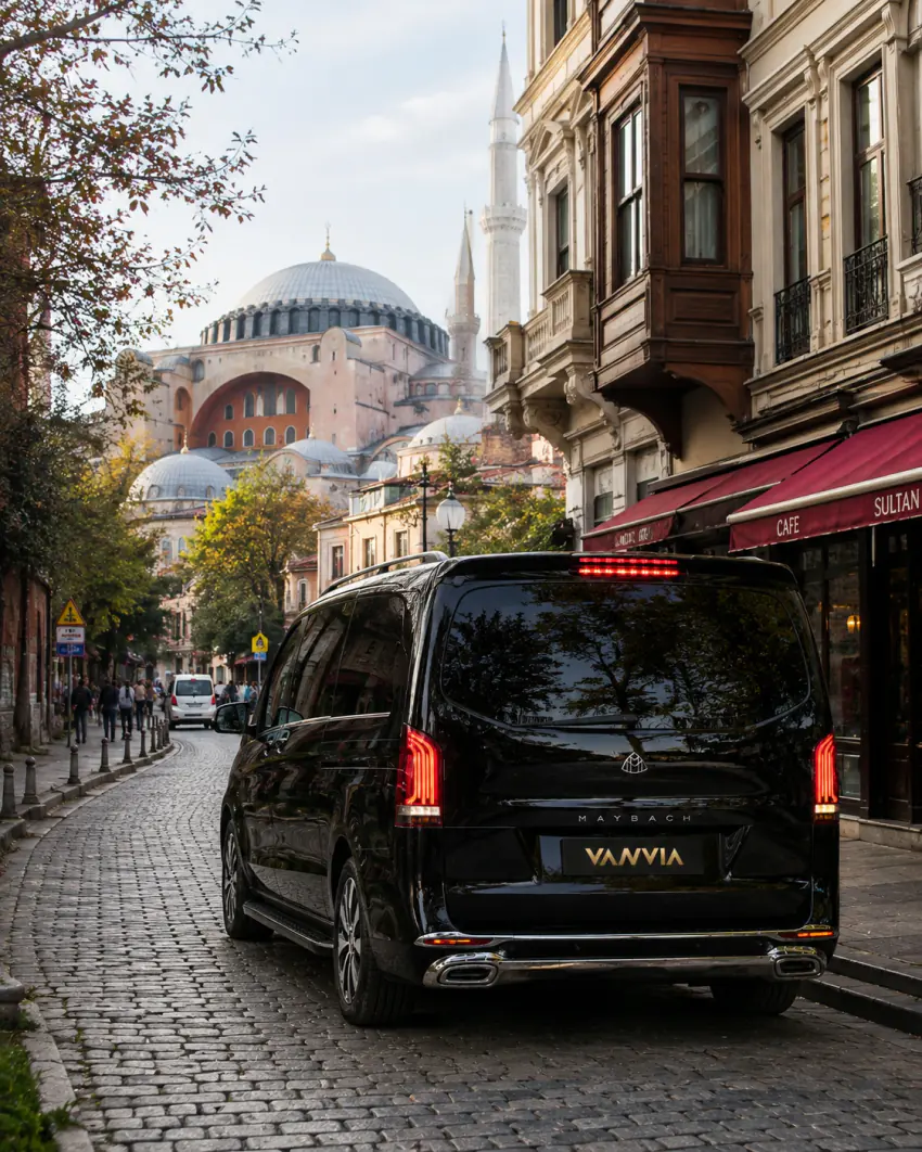 Rückansicht des Mercedes-Benz Vito VIP auf einer Kopfsteinpflasterstraße mit der Hagia Sophia im Hintergrund