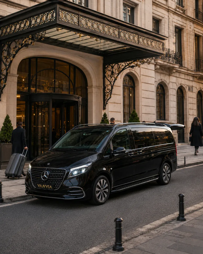 Mercedes-Benz Vito VIP am Eingang eines Hotels in Beyoğlu, während das Personal einen Koffer hineinträgt