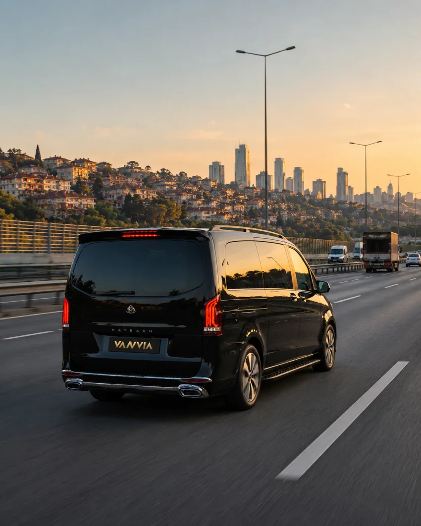 Rückansicht des Mercedes-Benz Vito VIP auf der Autobahn vom Flughafen Istanbul nach Taksim