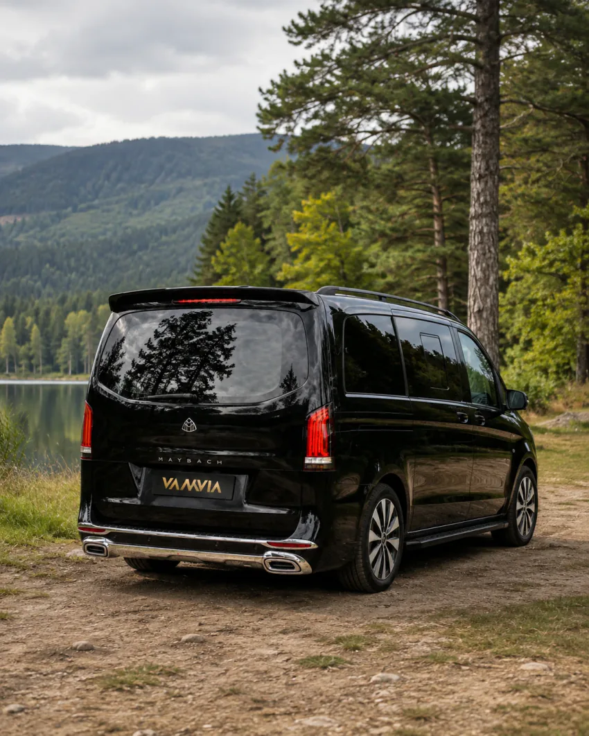 Rückansicht eines schwarzen Vanvia-VIP-Transferfahrzeugs, das in einer Waldlichtung mit Blick auf einen See steht