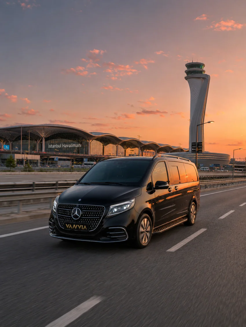 Ein schwarzes Vanvia-VIP-Transferfahrzeug fährt bei Sonnenuntergang am Terminal und Kontrollturm des Flughafens Istanbul vorbei