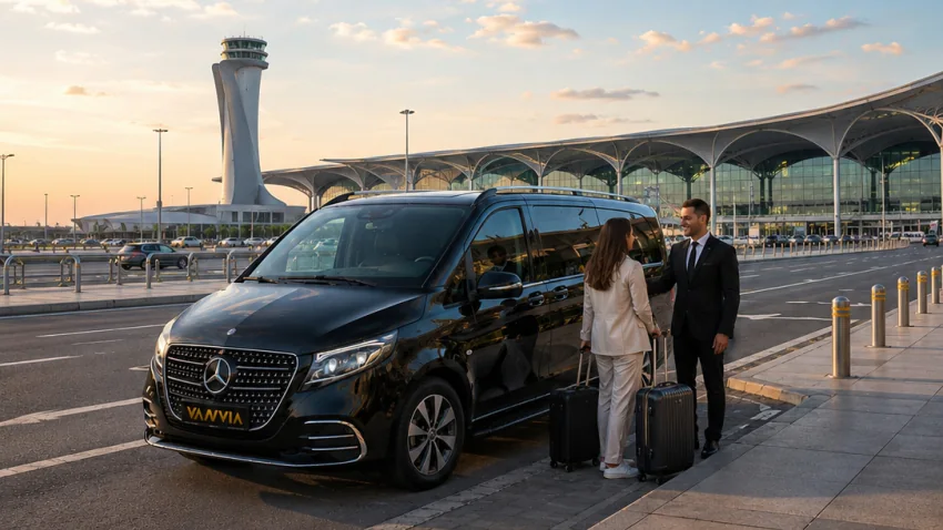 Fluggäste werden mit ihrem Gepäck vor dem Flughafen Istanbul empfangen, neben einem schwarzen Vanvia-VIP-Transferfahrzeug