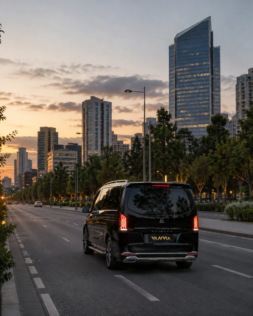 Rückansicht eines schwarzen Vanvia-VIP-Transferfahrzeugs bei der Fahrt auf einem breiten Boulevard mit Wolkenkratzern in der Abenddämmerung