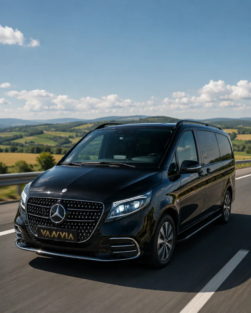 Frontansicht eines schwarzen Vanvia-VIP-Transferfahrzeugs bei der Fahrt auf einer von Ackerland umgebenen Autobahn