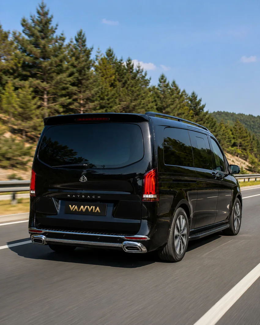 Rückansicht eines schwarzen Vanvia-VIP-Transferfahrzeugs bei der Fahrt auf einer Autobahn durch kiefernbewaldete Hügel