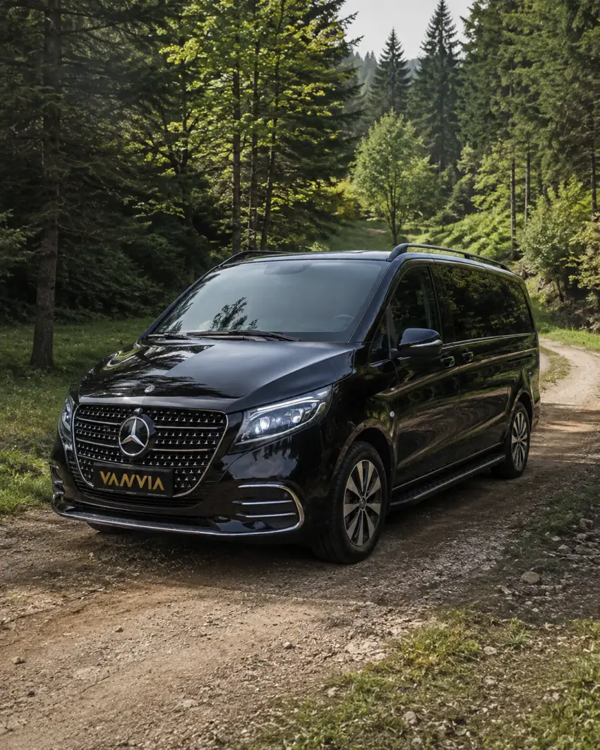 Frontansicht eines schwarzen Vanvia-VIP-Transferfahrzeugs, das auf einem Feldweg durch dichten Wald steht