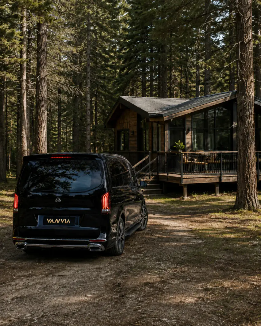 Rückansicht eines schwarzen Vanvia-VIP-Transferfahrzeugs, das bei Dämmerlicht in der Nähe eines Holzbungalows in einem bewaldeten Gebiet steht