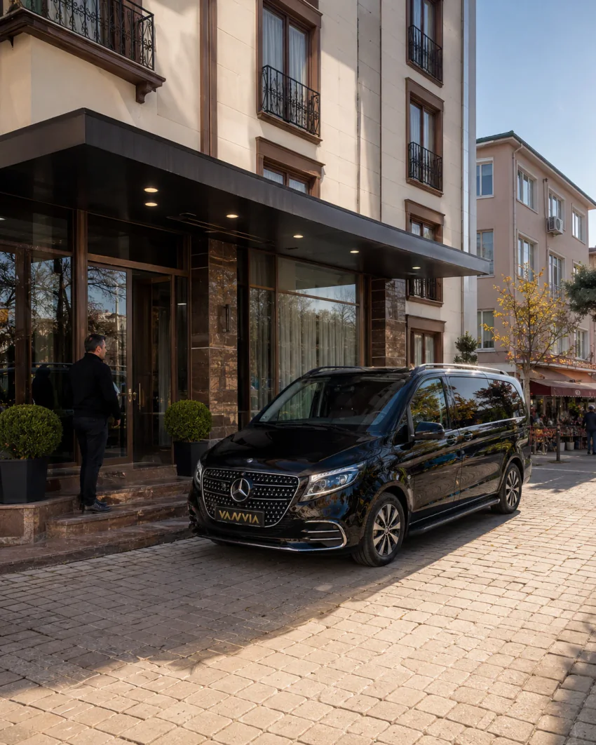 Ein schwarzes Vanvia-VIP-Transferfahrzeug steht am Eingang eines Hotels im Stadtzentrum, der Fahrer geht zur Tür