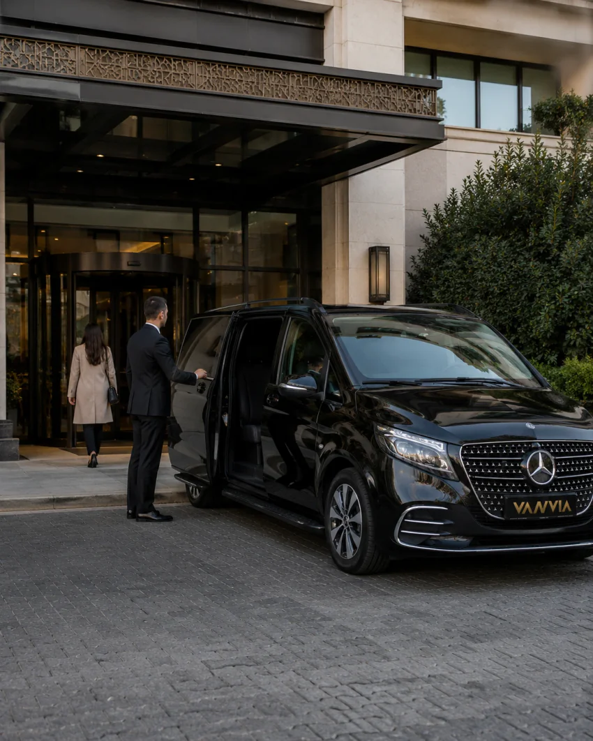 Ein schwarzes Vanvia-VIP-Transferfahrzeug steht am Eingang eines Hotels mit dekorativem Vordach, Gäste gehen hinein