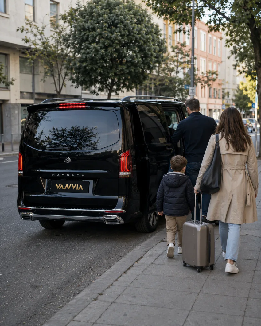 Eine Familie geht mit ihrem Koffer auf einer Stadtstraße auf ein schwarzes Vanvia-VIP-Transferfahrzeug zu