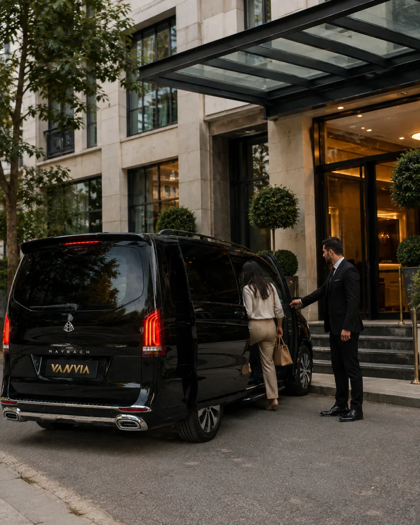 Rückansicht eines schwarzen Vanvia-VIP-Transferfahrzeugs am Eingang eines modernen Hotels, der Fahrer hält die Tür für einen Gast