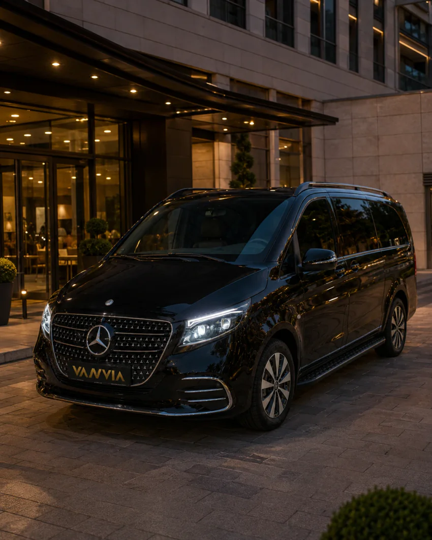 Schräge Frontansicht eines schwarzen Vanvia-VIP-Transferfahrzeugs am Eingang eines modernen Hotels am Abend