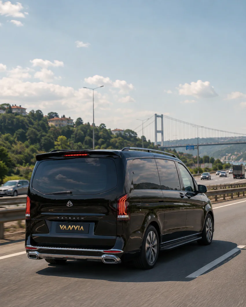 Schräge Rückansicht eines schwarzen Vanvia-VIP-Transferfahrzeugs auf der Autobahn bei der Ausfahrt aus Istanbul, im Hintergrund die Bosporus-Brücke