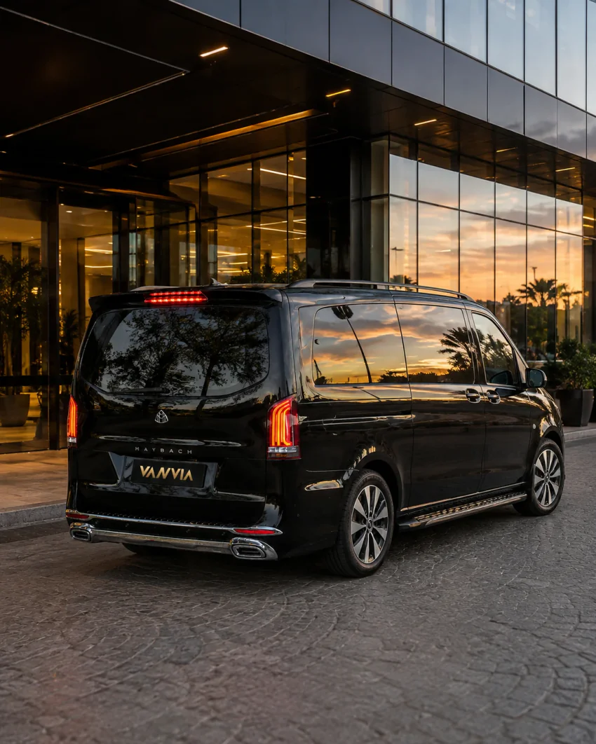 Schräge Rückansicht eines schwarzen Vanvia-VIP-Transferfahrzeugs am Eingang eines modernen Gebäudes am Abend