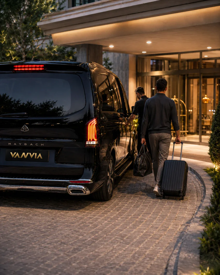 Frontansicht eines schwarzen Vanvia-VIP-Transferfahrzeugs, das auf einer Straße mit modernen Glas-Bürogebäuden steht