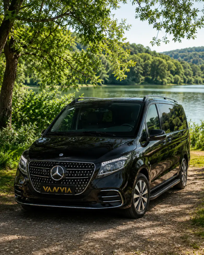 Frontansicht eines schwarzen Vanvia-VIP-Transferfahrzeugs, das unter einem Baum am Seeufer steht