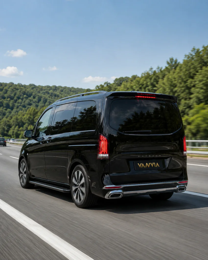 Rückansicht eines schwarzen Vanvia-VIP-Transferfahrzeugs bei der Fahrt auf einer Autobahn durch bewaldete Hügel