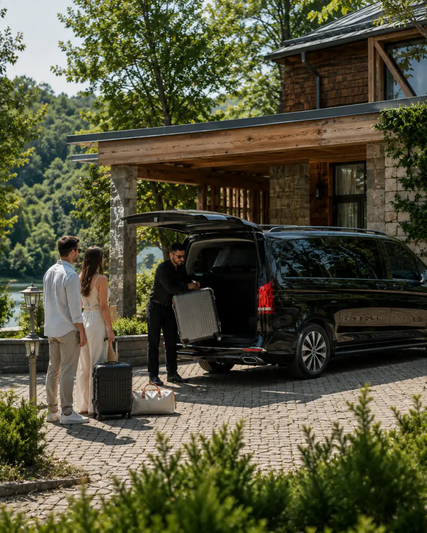 Ein Fahrer verlädt Gepäck am Eingang einer Villa am See, ein Paar wartet mit seinen Koffern neben einem schwarzen Vanvia-VIP-Transferfahrzeug