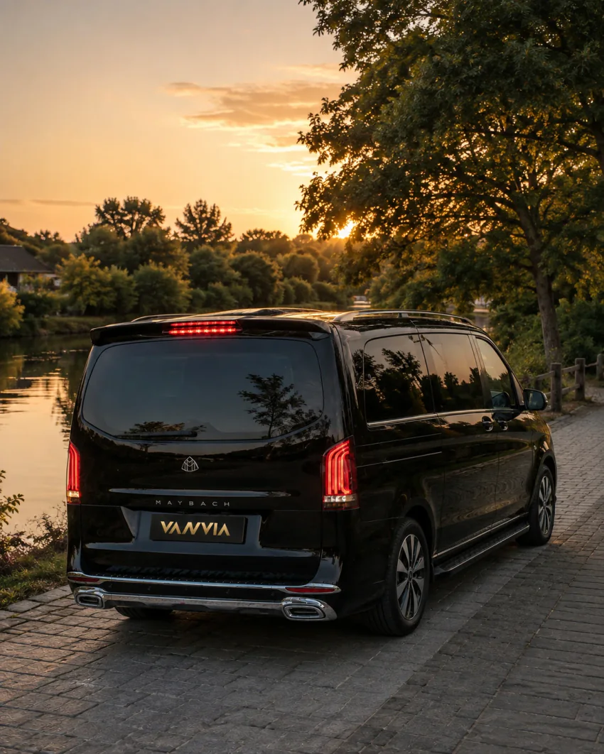 Schräge Rückansicht eines schwarzen Vanvia-VIP-Transferfahrzeugs, das bei Sonnenuntergang an einem ruhigen Fluss nahe Ağva steht