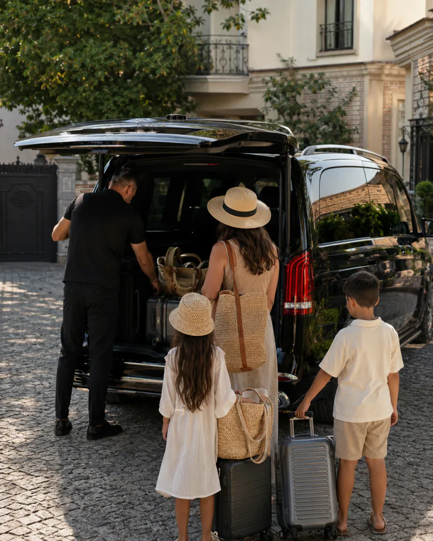 Ein Fahrer verstaut Koffer in einem schwarzen Vanvia-VIP-Transferfahrzeug, während eine Familie mit Kindern an einem Villentor ankommt