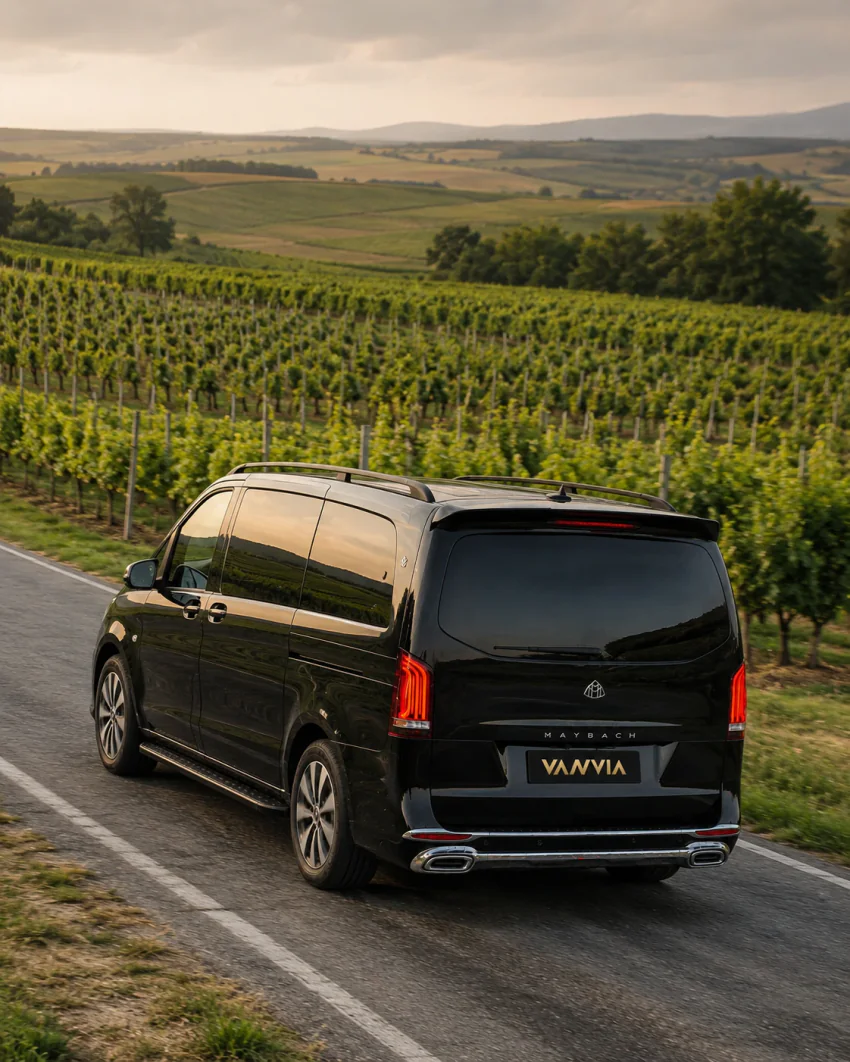 Schräge Rückansicht eines schwarzen Vanvia-VIP-Transferfahrzeugs bei der Fahrt auf einer von Weinreben gesäumten Straße zur goldenen Stunde