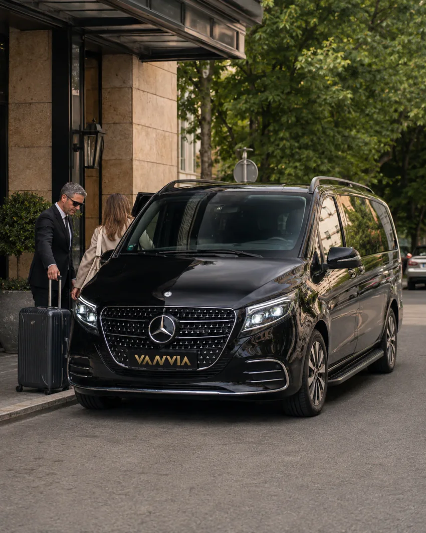 Ein Fahrer stellt einen Koffer neben ein schwarzes Vanvia-VIP-Transferfahrzeug, das am Eingang eines Hotels steht