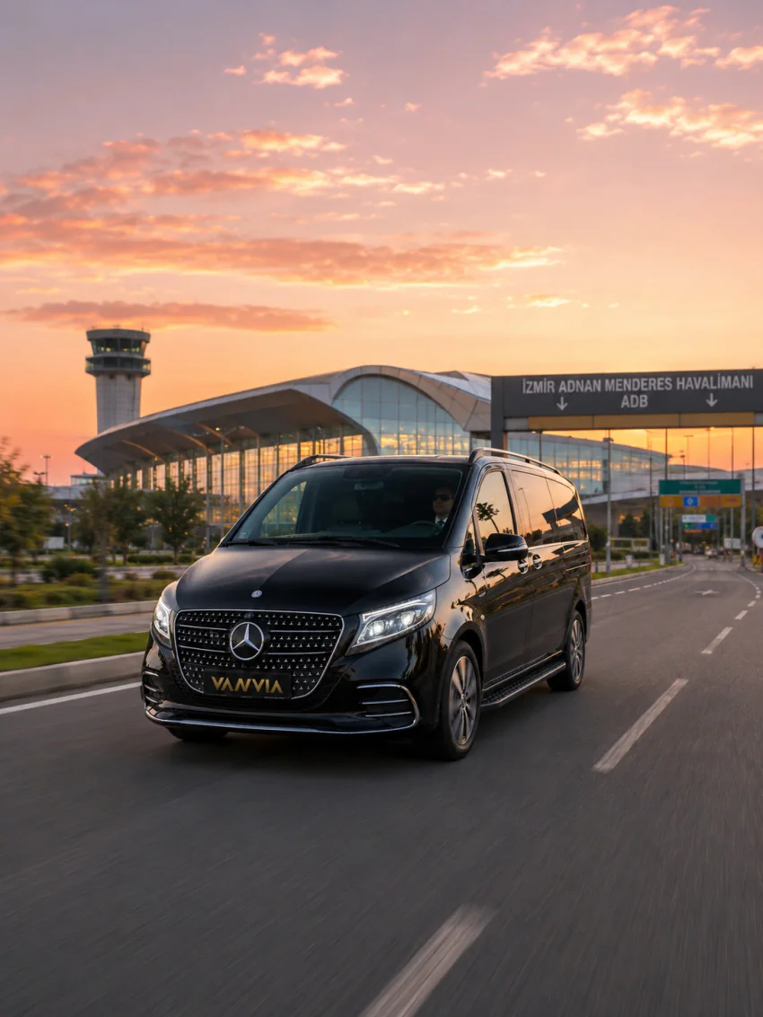 A black Vanvia VIP transfer vehicle driving at sunset past the Izmir Adnan Menderes Airport sign