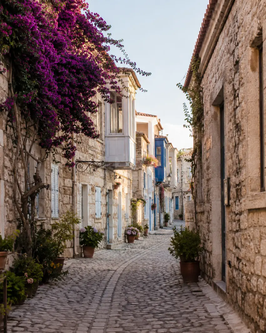 Eine schmale Steingasse in Alaçatı, gesäumt von violetter Bougainvillea