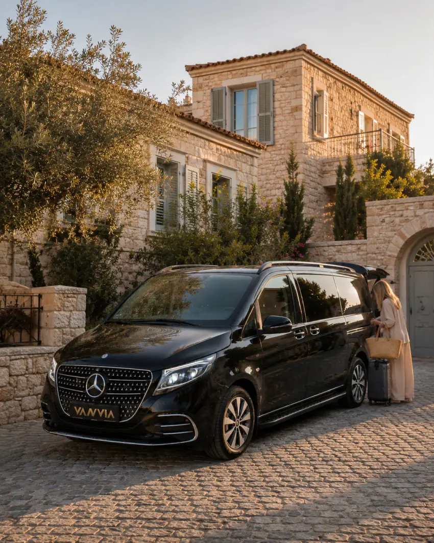 Ein Gast geht mit einem Koffer zum Eingang einer steinernen Boutique-Villa, davor wartet ein schwarzes Vanvia-VIP-Transferfahrzeug