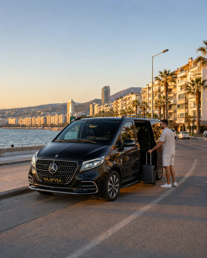 Vanvia VIP-Transferfahrzeug und Fahrgast an der Kordon-Uferpromenade in Izmir für einen Izmir-Bodrum-Transfer