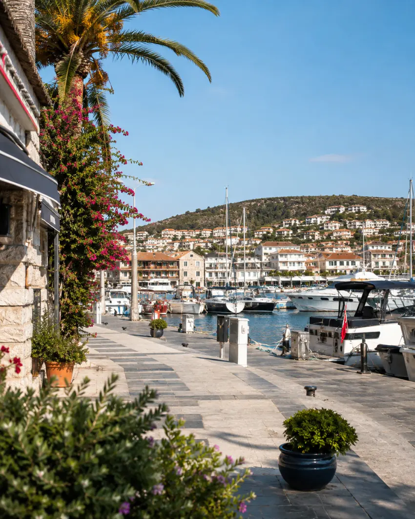 Eine von Palmen und Bougainvillea gesäumte Promenade an der Marina von Çeşme, im Hintergrund Boote