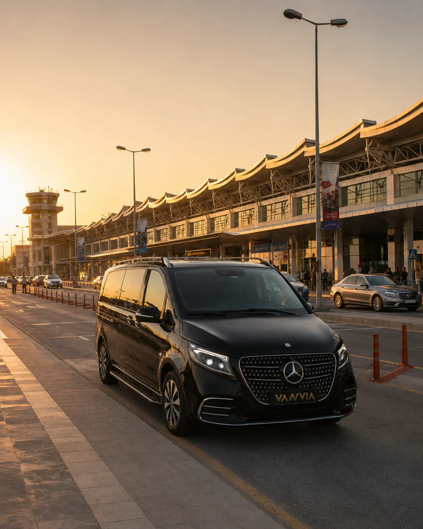 Black Vanvia VIP transfer vehicle at Izmir Adnan Menderes Airport for the Izmir Airport to Ephesus transportation guide