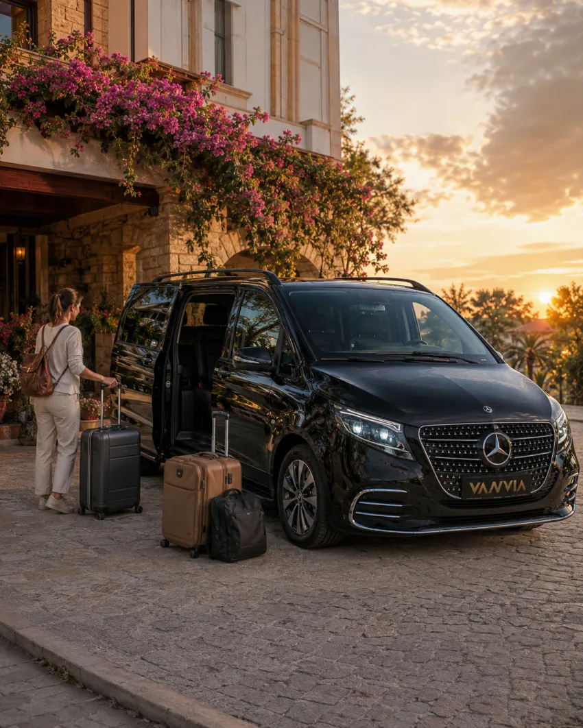 A guest standing beside the open door of a black Vanvia VIP transfer vehicle at a stone building entrance with two suitcases and a backpack at sunset, with palm trees visible behind