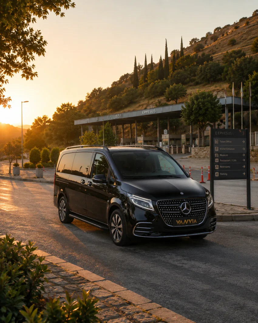 The front view of a black Vanvia VIP transfer vehicle standing in the public parking area outside Ephesus's ticketed pedestrian entrance in golden-hour light, with the site's own "Ticket Office / Visitor Entrance / Museum / Restaurant-Cafe / Restrooms / Parking" sign and outer gate structure visible at a clear distance; the vehicle does not enter the pedestrian area
