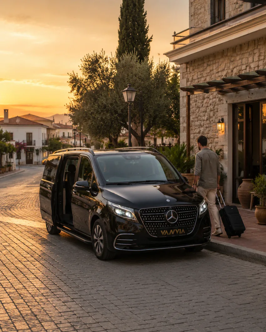 A guest walking with a wheeled suitcase toward the covered entrance of a stone building on a Selçuk street, with a black Vanvia VIP transfer vehicle waiting curbside at sunset and olive and cypress trees visible behind