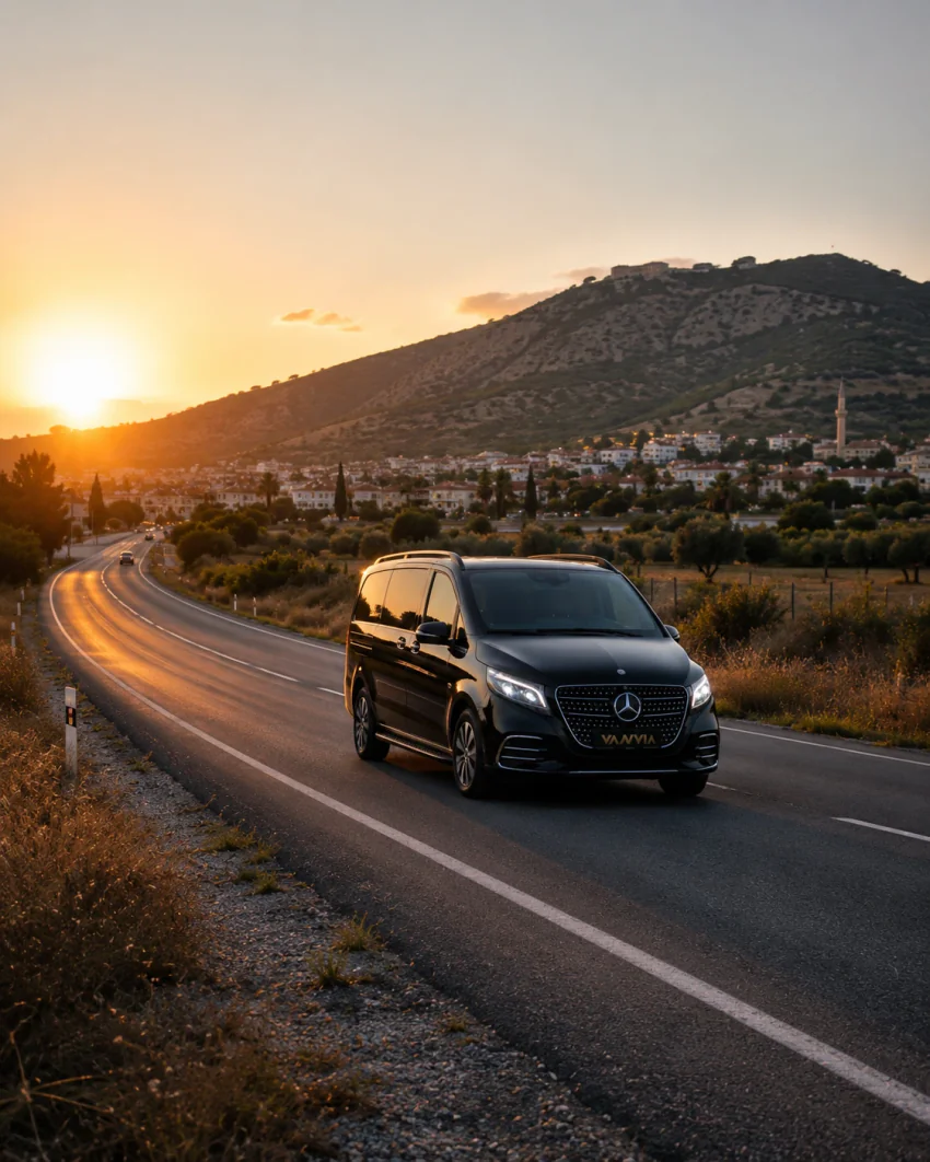 The front view of a black Vanvia VIP transfer vehicle driving on a winding road toward Selçuk in sunset light, with a hillside settlement and a minaret visible and the sun disc near the horizon