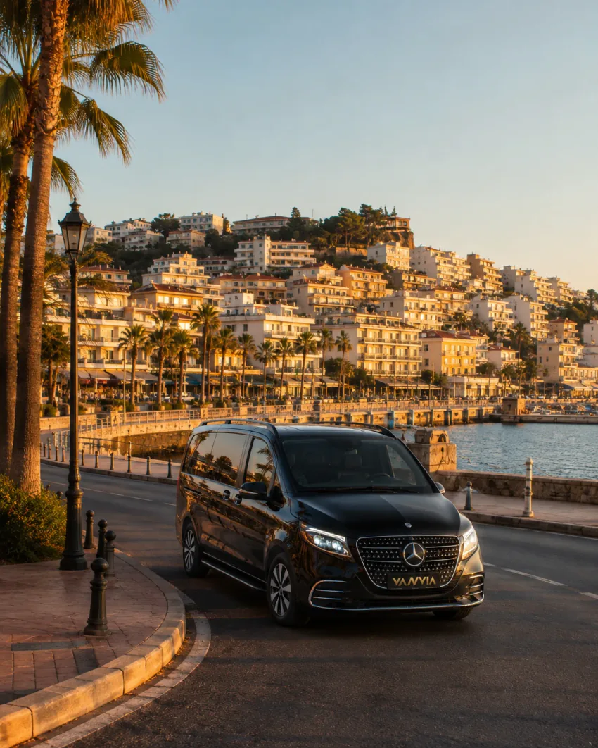 Ein schwarzes Vanvia-VIP-Transferfahrzeug auf der Küstenstraße mit Blick auf den Hafen von Kuşadası und die weiße Hügelstadt bei Sonnenuntergang