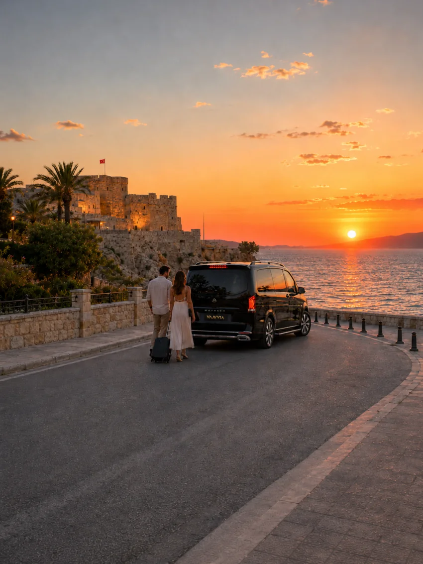 A black Vanvia Izmir VIP transfer vehicle waiting on the coastal road by Cesme Castle at sunset, with a couple walking with their suitcases