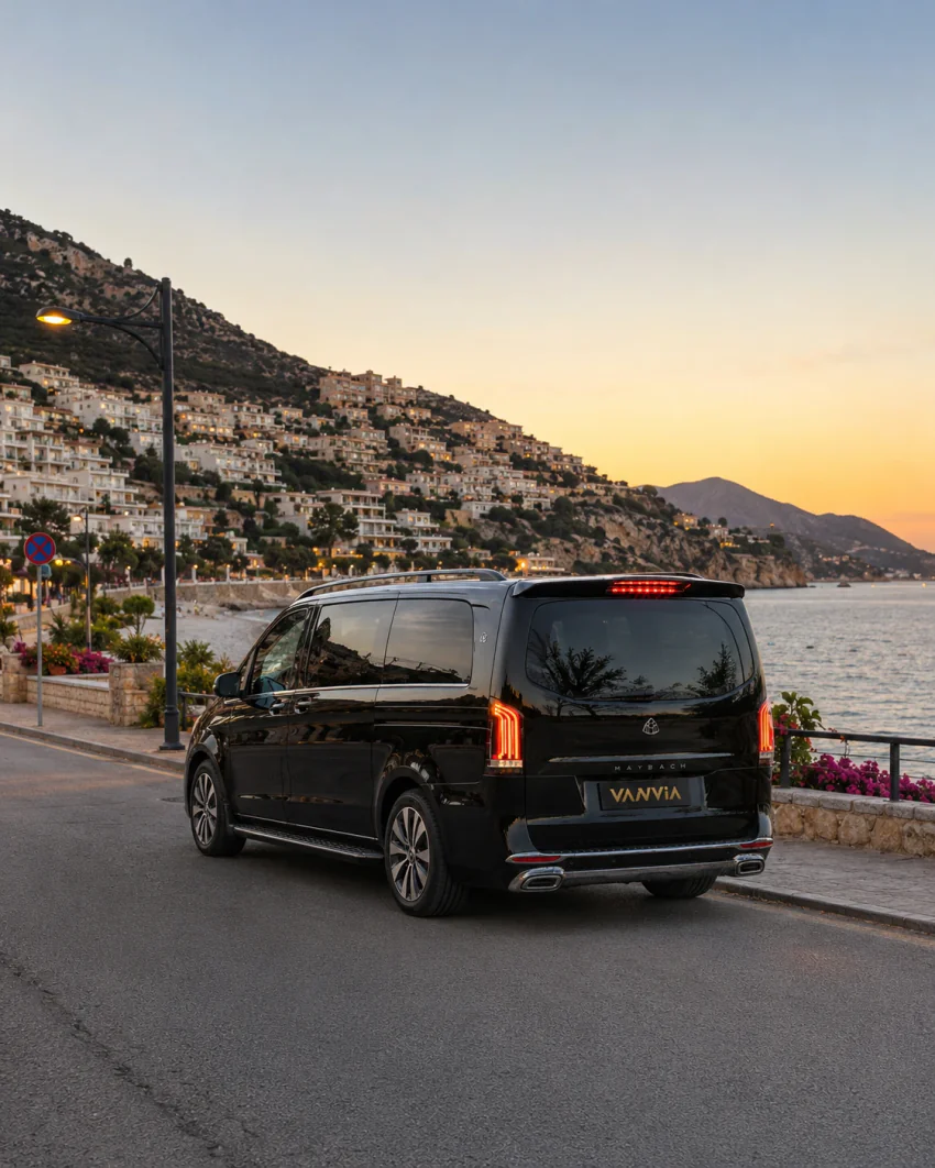Kalkan ile Dalaman Havalimanı arasındaki dağlık kıyı yolunda, deniz ve uzak bir kıyı kasabasının göründüğü bir noktada altın ışıkta ilerleyen siyah Vanvia VIP transfer aracının ön görünümü