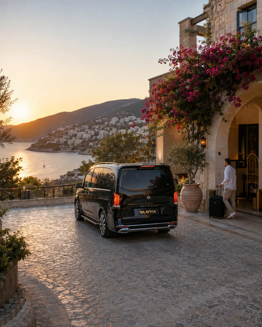 Kalkan körfezine bakan bir yol kenarında, sokak lambası ve çiçek saksılarının göründüğü bir noktada gün batımında duran siyah Vanvia VIP transfer aracının arka görünümü