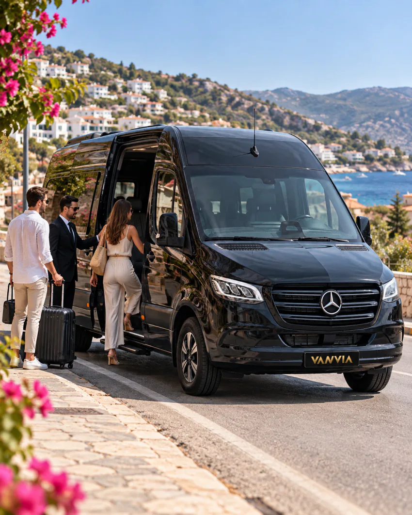 Kalkan'da begonvillerle çevrili kıyı yolunun kaldırım kenarında duran siyah Vanvia VIP transfer aracına valizleriyle binen yolcular; şoför açık yan kapının yanında bekliyor, arkada yamaçtaki beyaz evler ve koy görünüyor