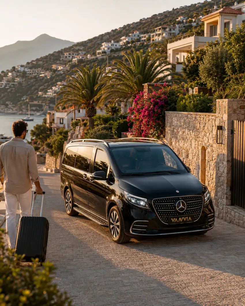 Kalkan'da villa bölgesinde bavulunu çeken bir misafirin yürüdüğü, taş duvar ve demir kapının göründüğü bir sokakta altın ışıkta duran siyah Vanvia VIP transfer aracı, arkada yamaçtaki villalar