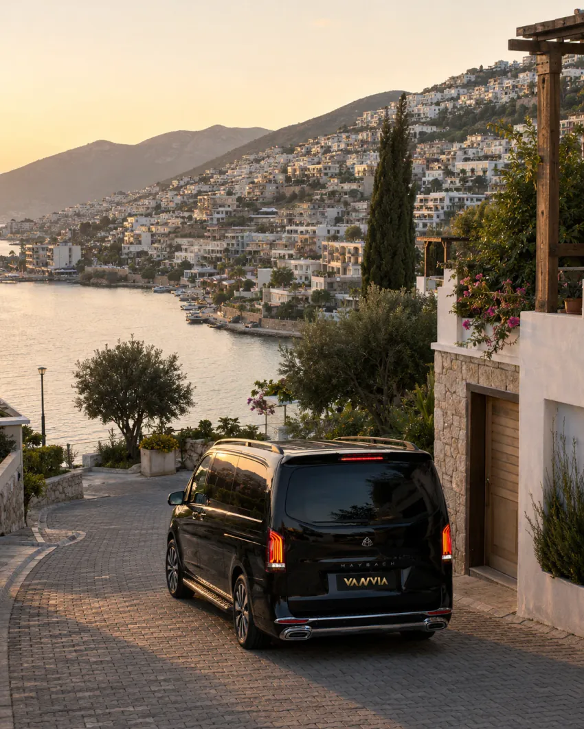 Kalkan'da yamaçtaki taş döşeli bir sokakta, arkasında körfeze doğru uzanan yamaç kasabası görünümüyle gün batımında duran siyah Vanvia VIP transfer aracının arka görünümü