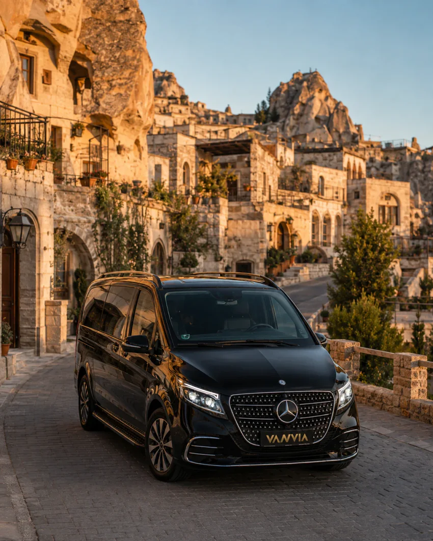 Kapadokya'da bir cave-hotel bölgesinin taş sokağında gün batımında duran siyah Vanvia VIP transfer aracı, arka planda kayalık bir tepe ve mağara oyma bina cepheleri görülüyor
