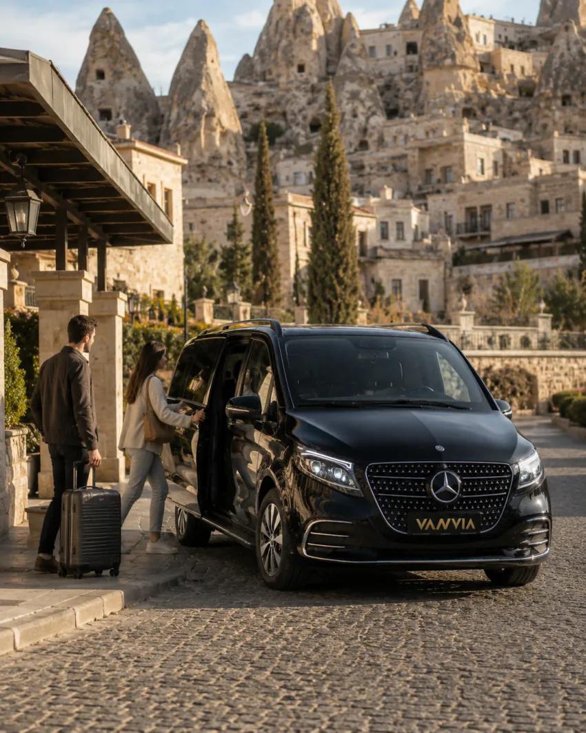 Kapadokya'da örtülü taş bir geçitte bavullarıyla siyah Vanvia VIP transfer aracına binen bir çift, hiçbir otel adı ya da tabelası görünmüyor