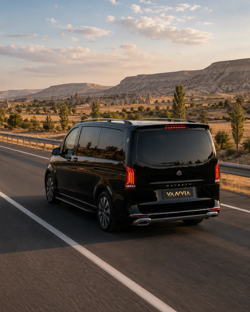 سيارة Vanvia VIP transfer تسير على طريق سريع مفتوح في ضوء أواخر النهار، وتظهر في الخلفية تضاريس هضبة صخرية